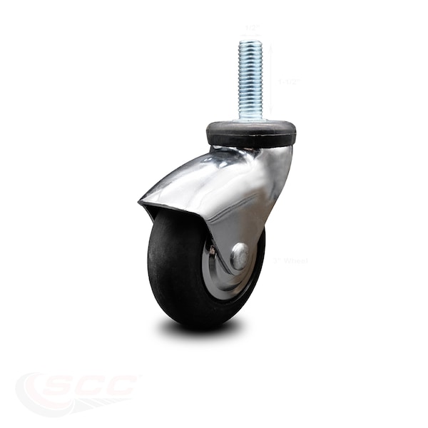 3 Inch Bright Chrome Hooded Neoprene Rubber 1/2 Inch Threaded Stem Caster SCC